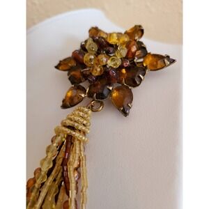 Vintage Beaded Brooch‎ Pin Amber Tone Gems with Tassel Multidimensional Flower